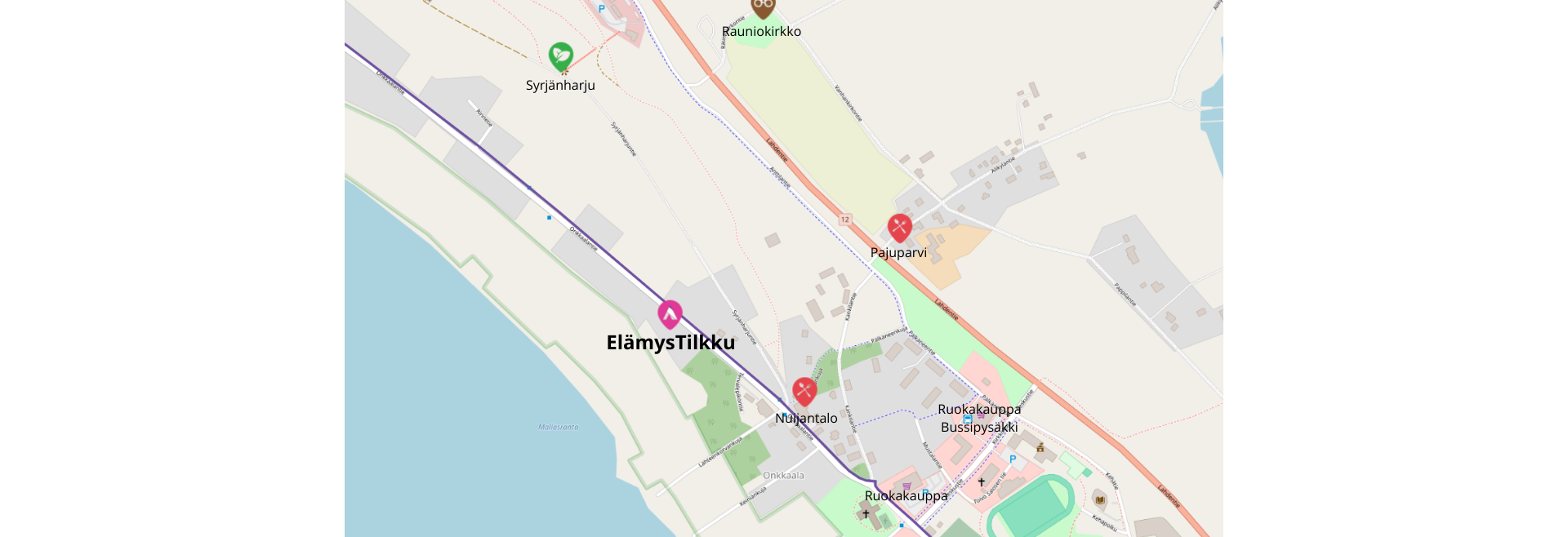 Kartta ElämysTilkun ympäristöstä Mallasveden rannalla: lähellä ovat Nuijantalo, Pajuparvi, ruokakauppa, bussipysäkki, Syrjänharju ja Rauniokirkko.